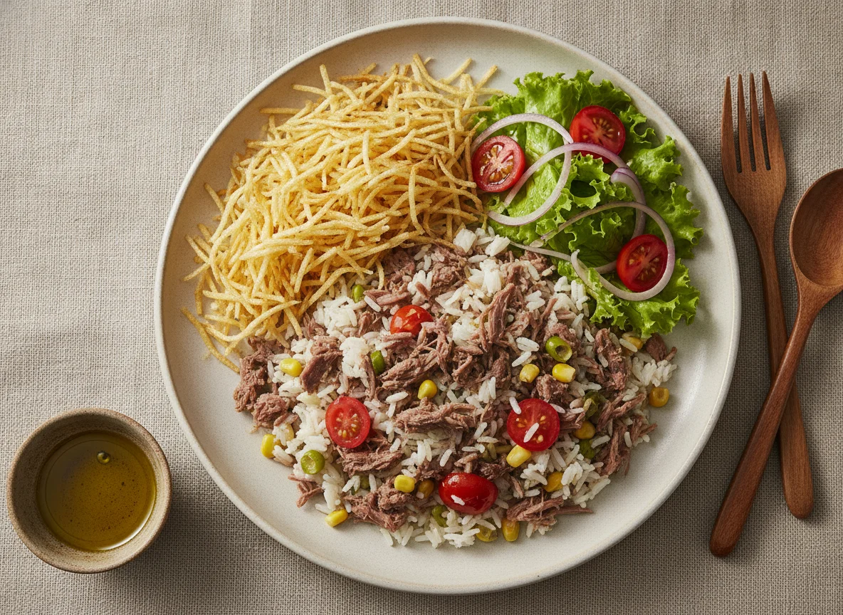 Arroz Carreteiro com Batata Palha e Salada photo