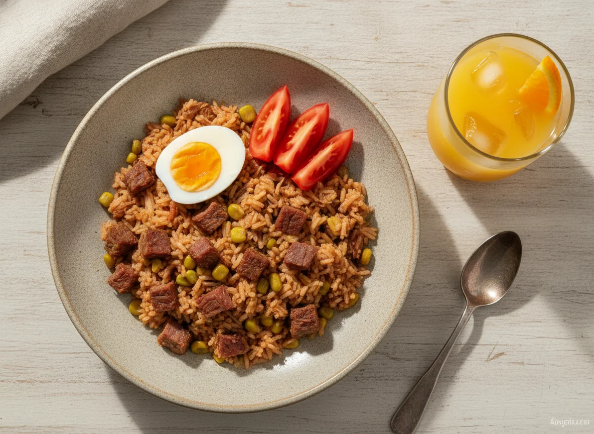 Arroz carreteiro com ovo cozido, tomate e suco de laranja photo