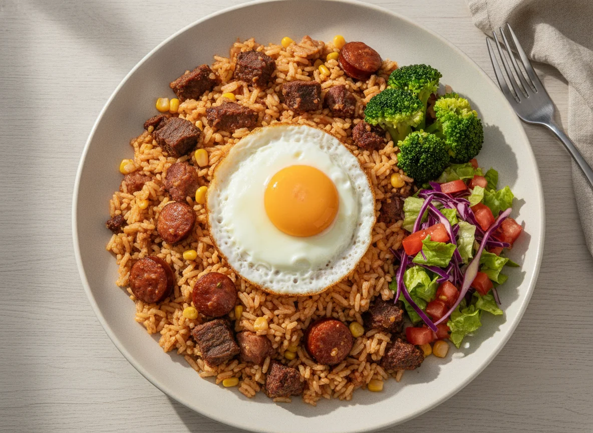 Arroz carreteiro com ovo frito, brócolis e salada mista photo