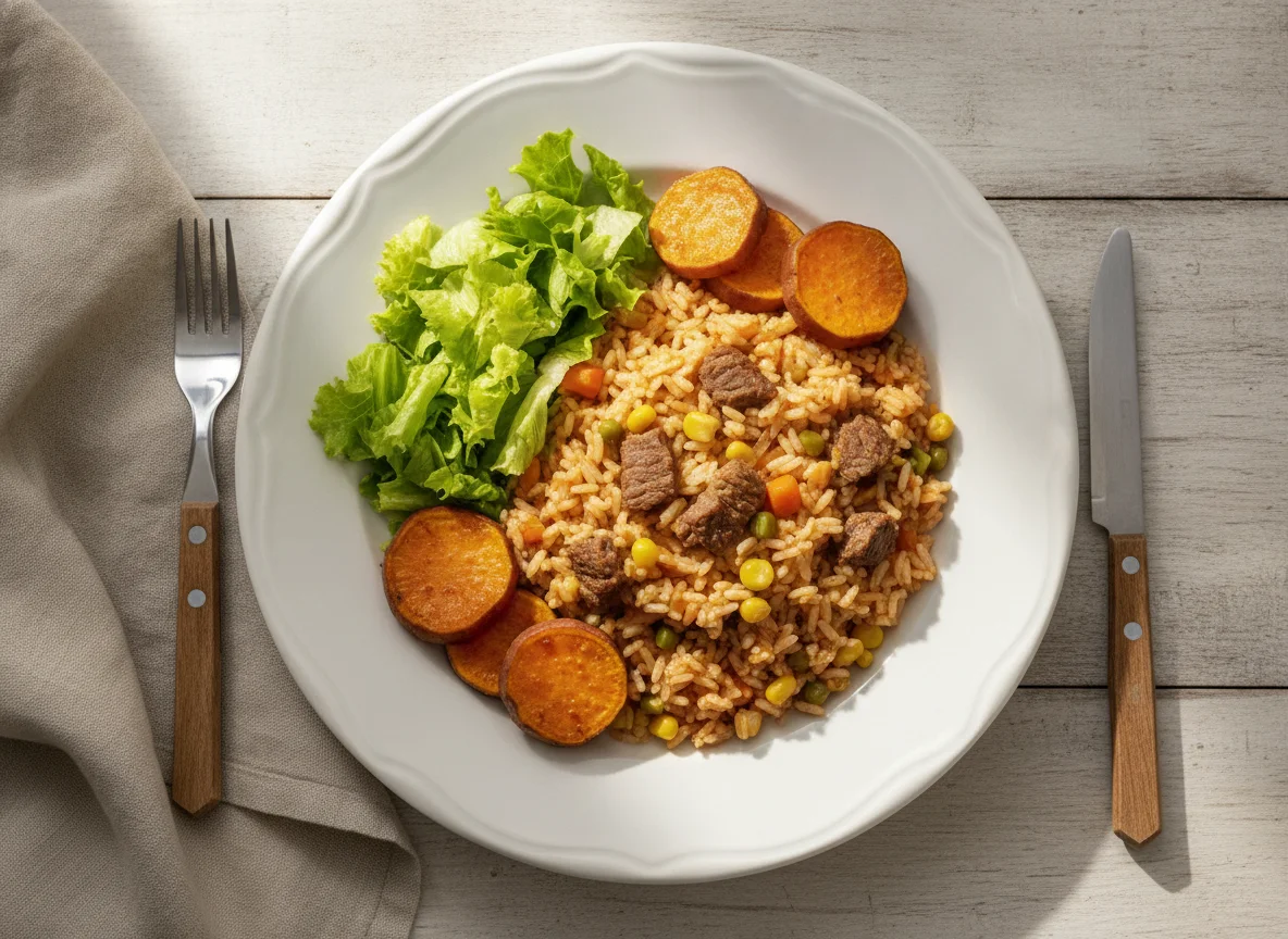 Arroz carreteiro com salada e batata doce photo