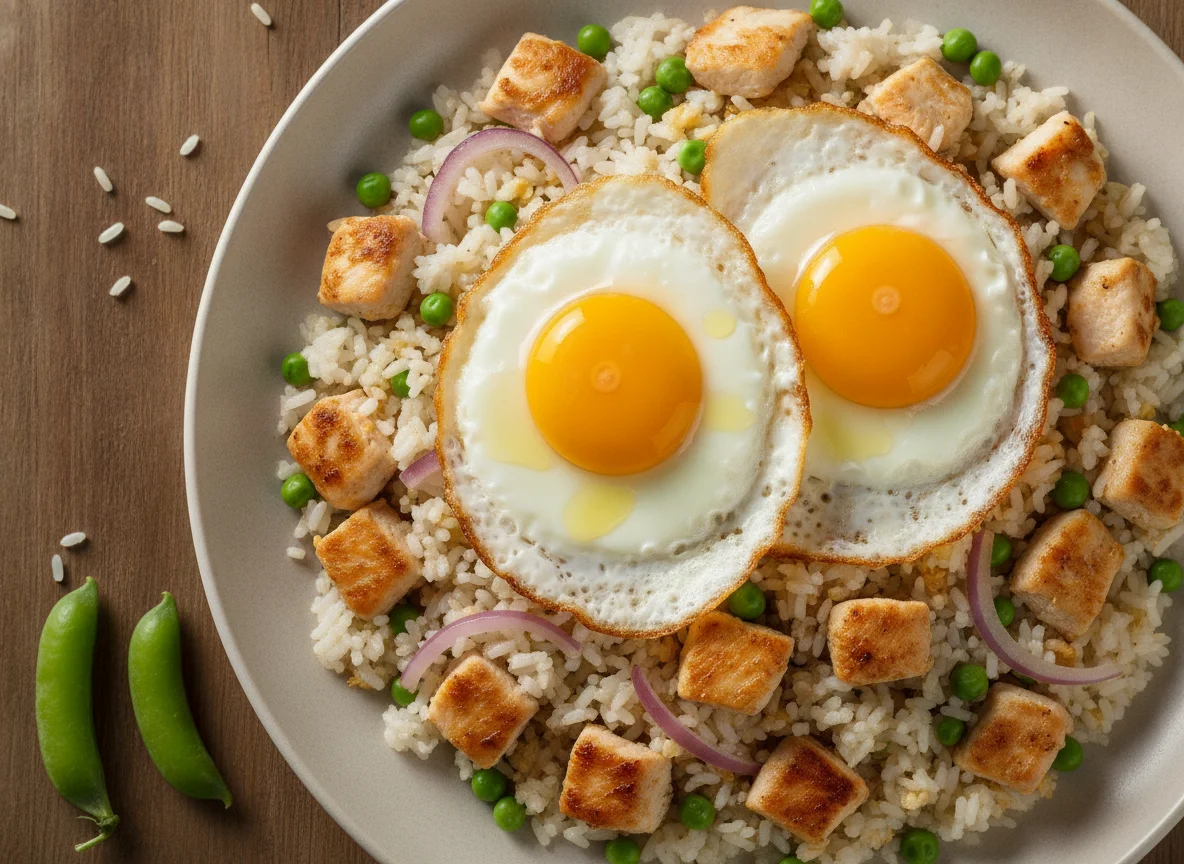 Arroz chau-chau com frango e ovos estrelados photo