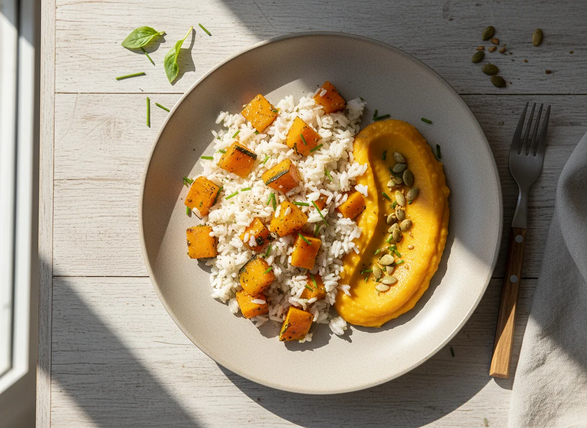 Arroz com abóbora e purê de abóbora photo