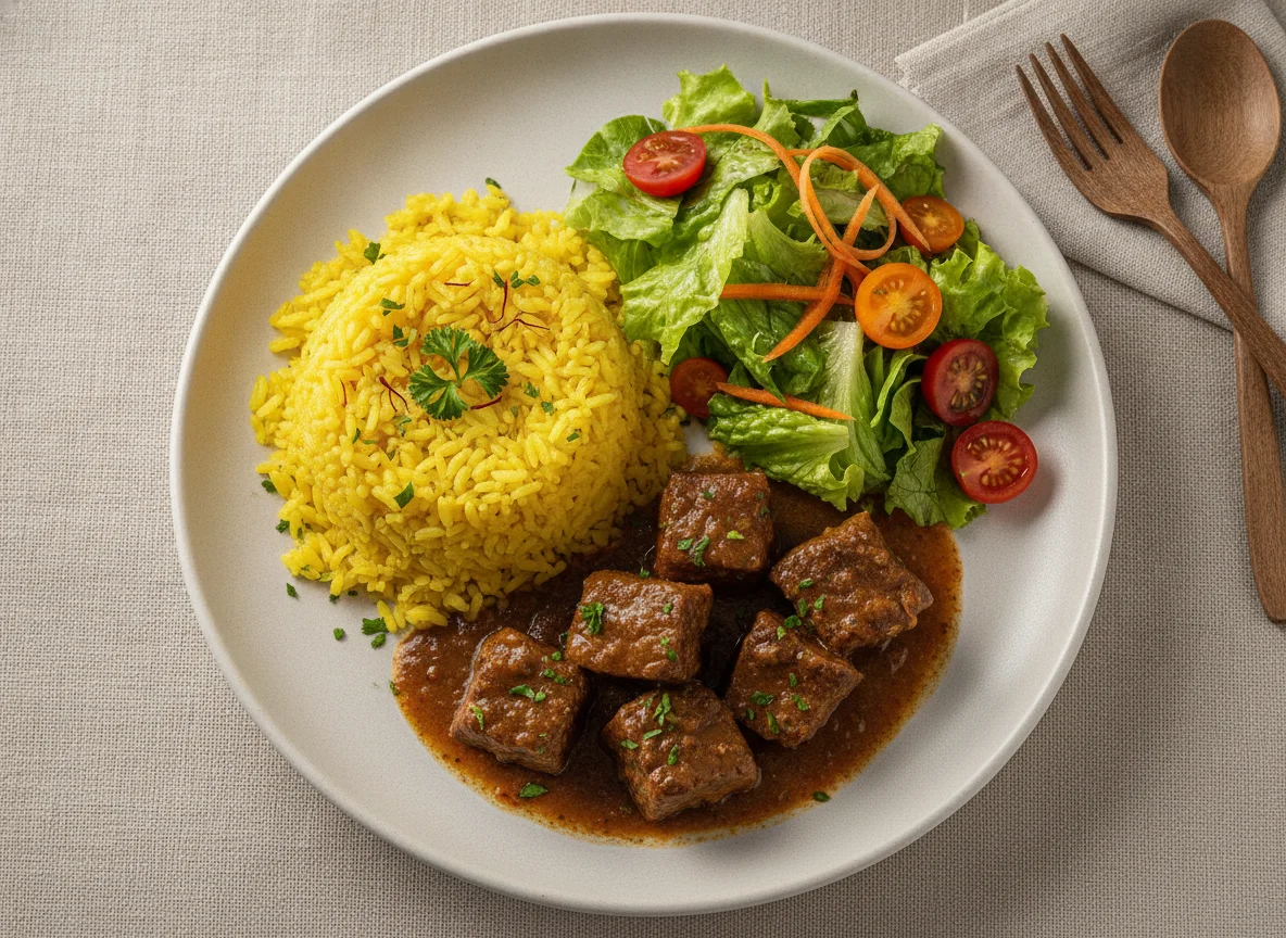 Arroz com açafrão, carne cozida e salada mista photo