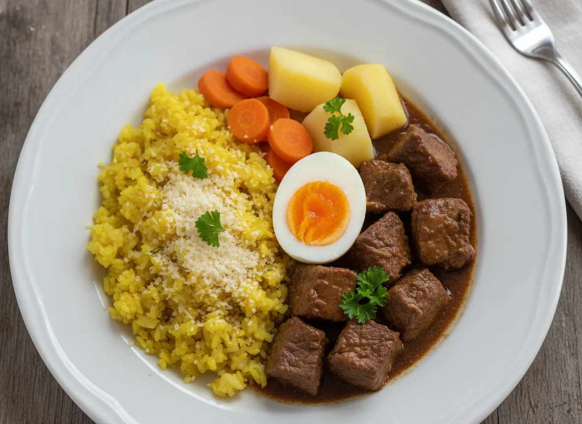 Arroz com açafrão, carne e ovo photo