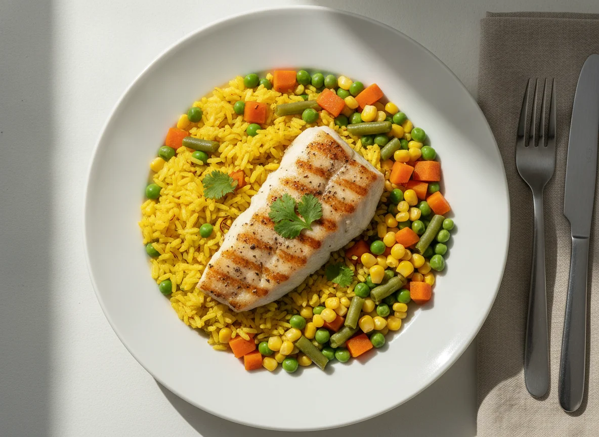 Arroz com açafrão, legumes e peixe grelhado photo