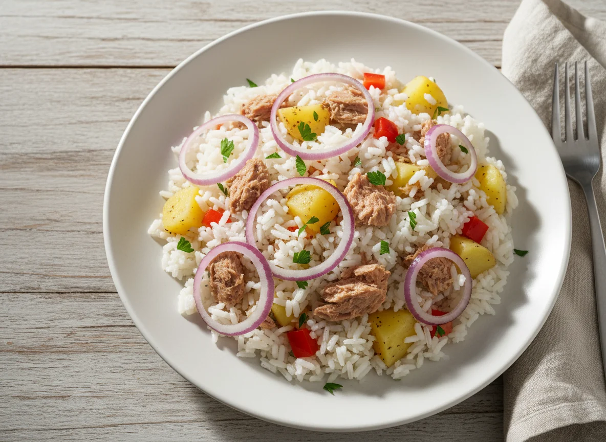 Arroz com atum e batata cozida photo