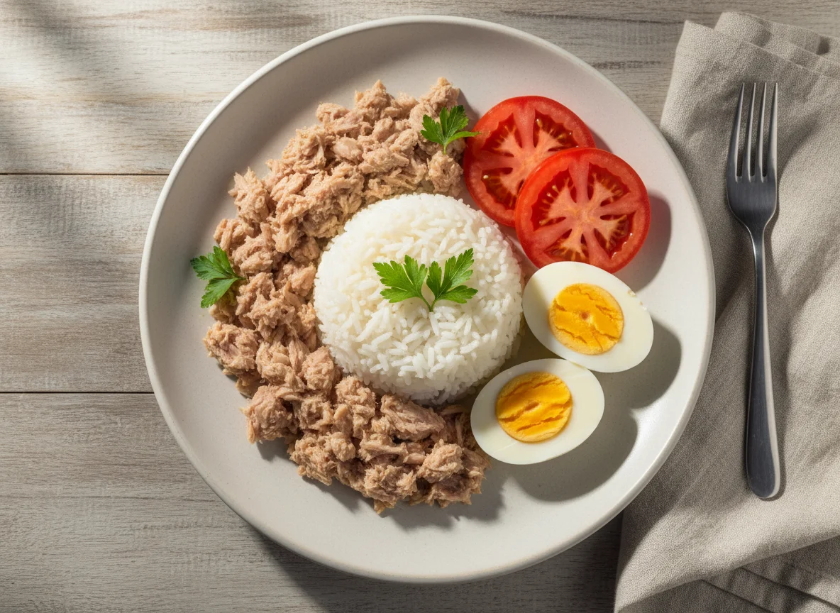 Arroz com atum e ovo cozido com tomate photo