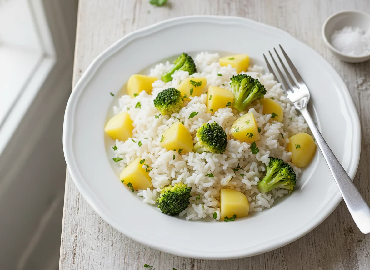Arroz com batata e brócolis photo
