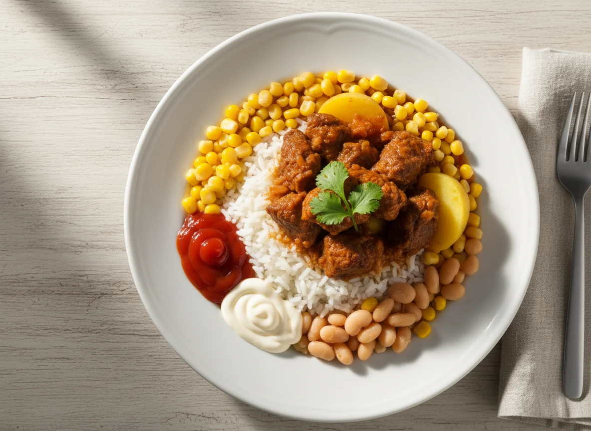 Arroz com batatas e carne estufada photo