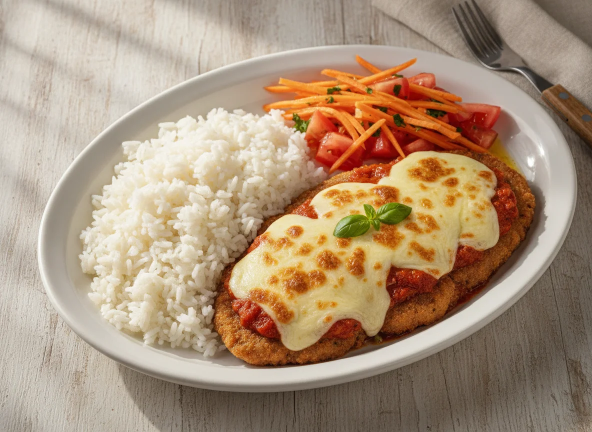 Arroz com Bife à Parmegiana e Salada de Cenoura photo