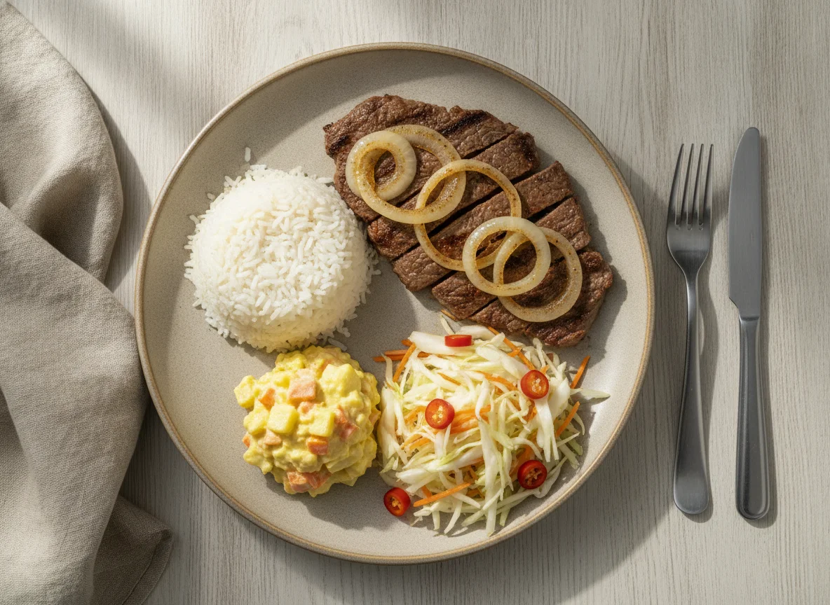 Arroz com bife acebolado, salada de repolho e maionese de legumes photo