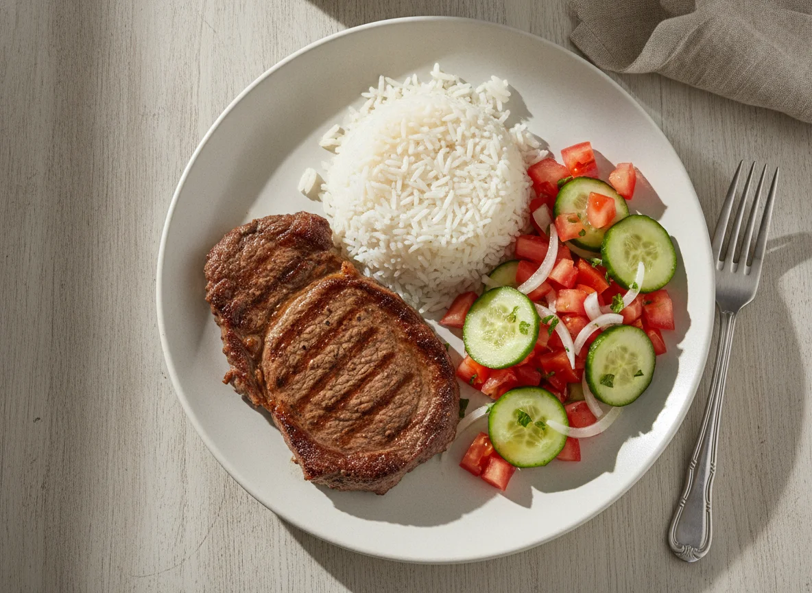 Arroz com bife e salada de tomate photo