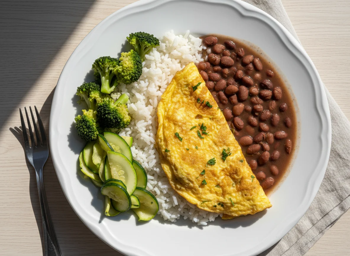 Arroz com brócolis e abobrinha, feijão e omelete photo