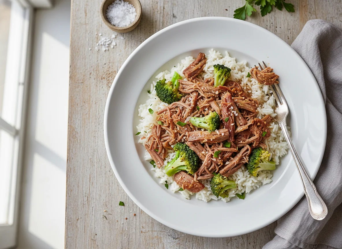 Arroz com brócolis e carne desfiada photo