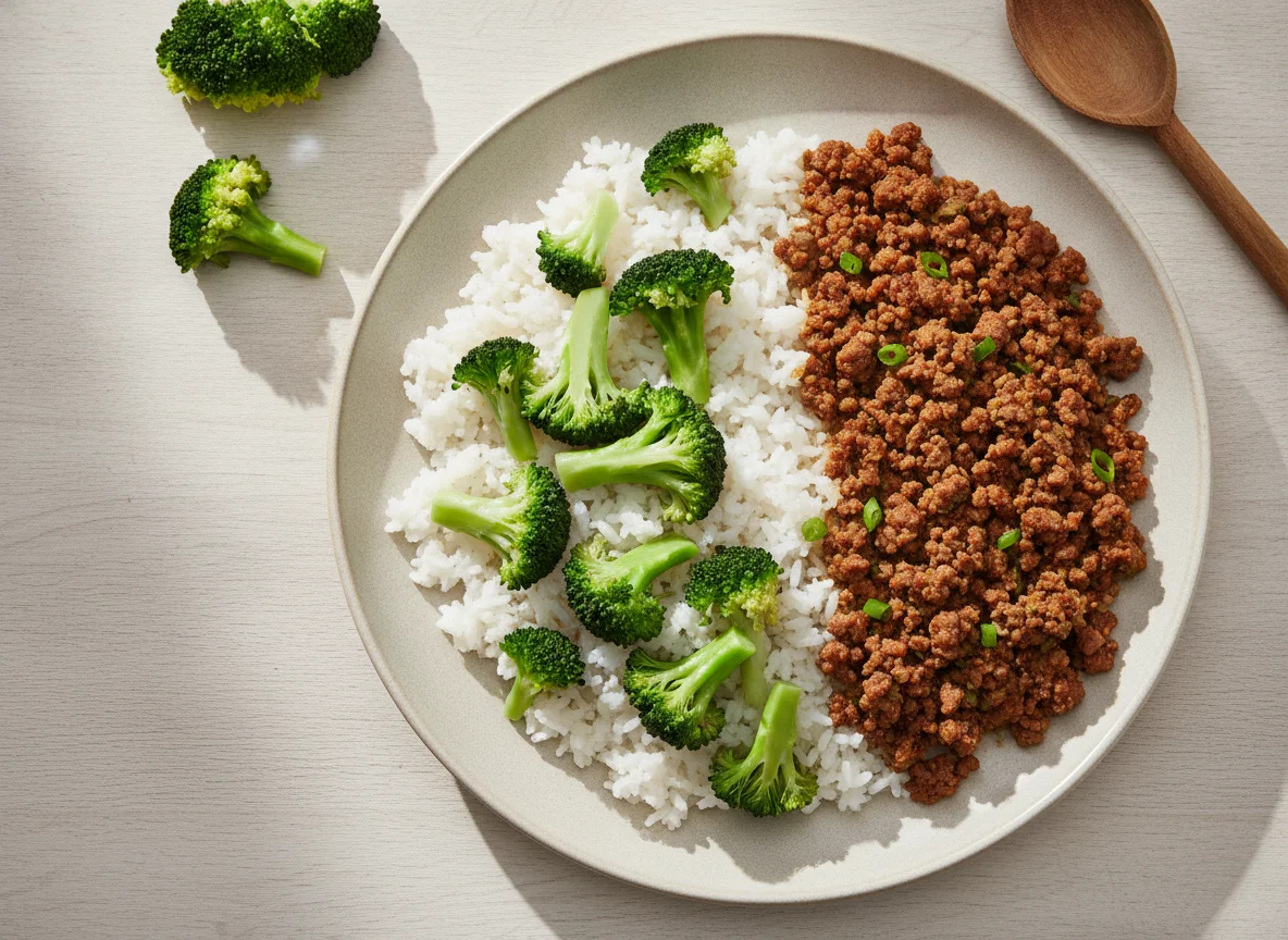 Arroz com brócolis e carne moída photo