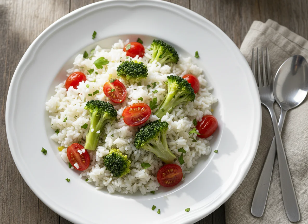 Arroz com brócolis e tomate cereja photo