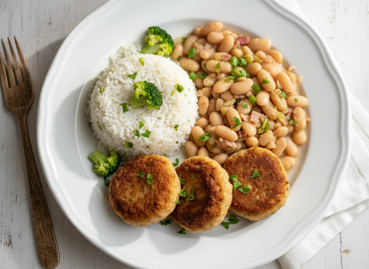 Arroz com brócolis, feijão branco e bolinhos de carne photo