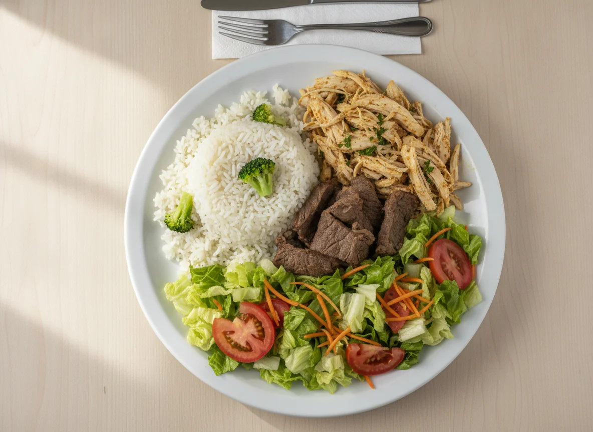 Arroz com brócolis, frango desfiado e salada photo