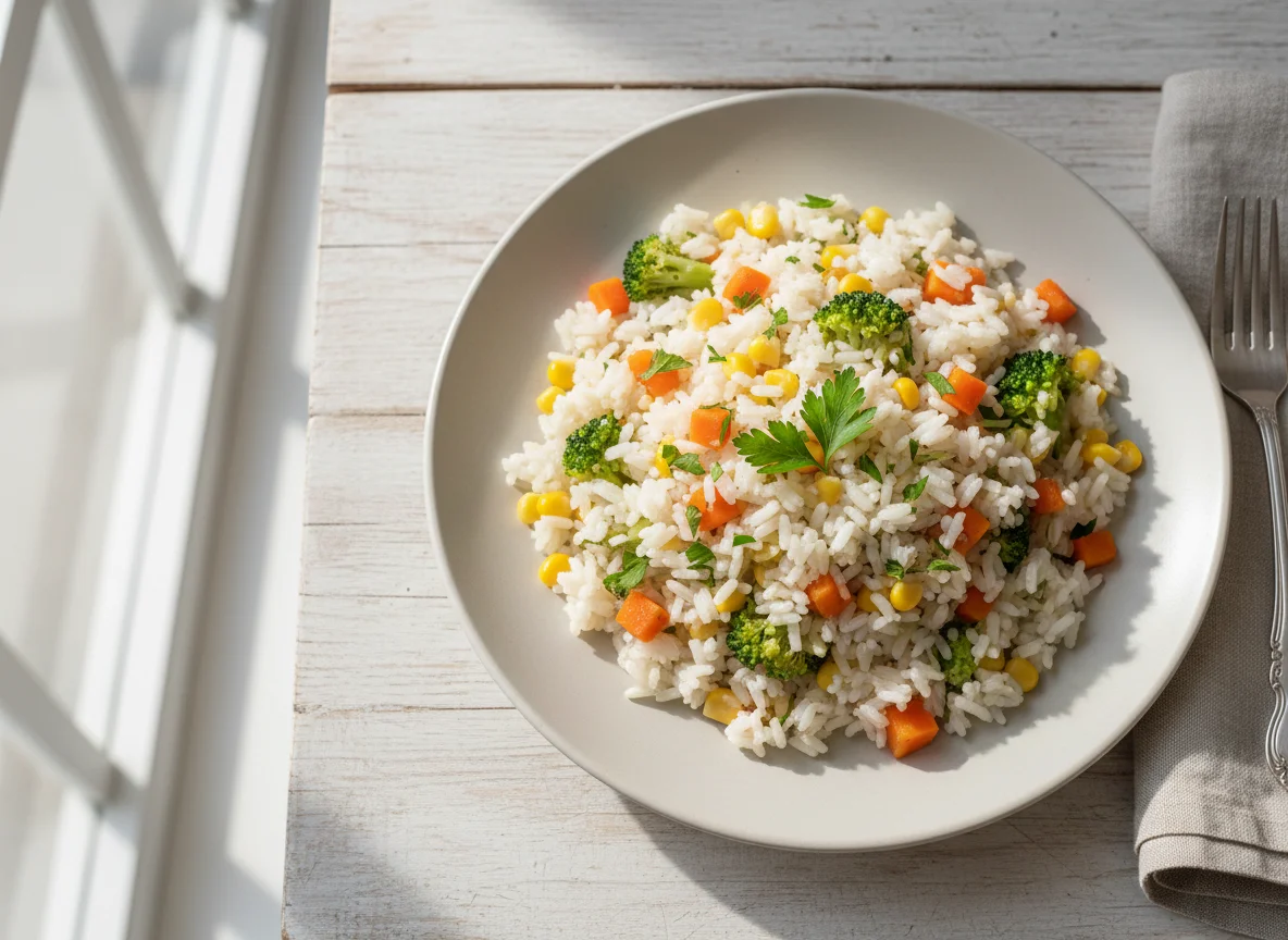 Arroz com brócolis, milho e cenoura photo