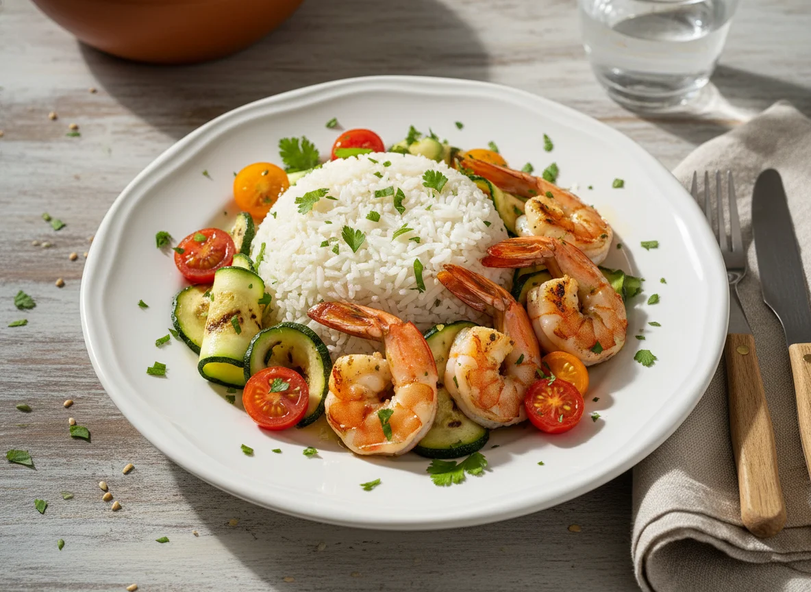 Arroz com camarão e legumes photo
