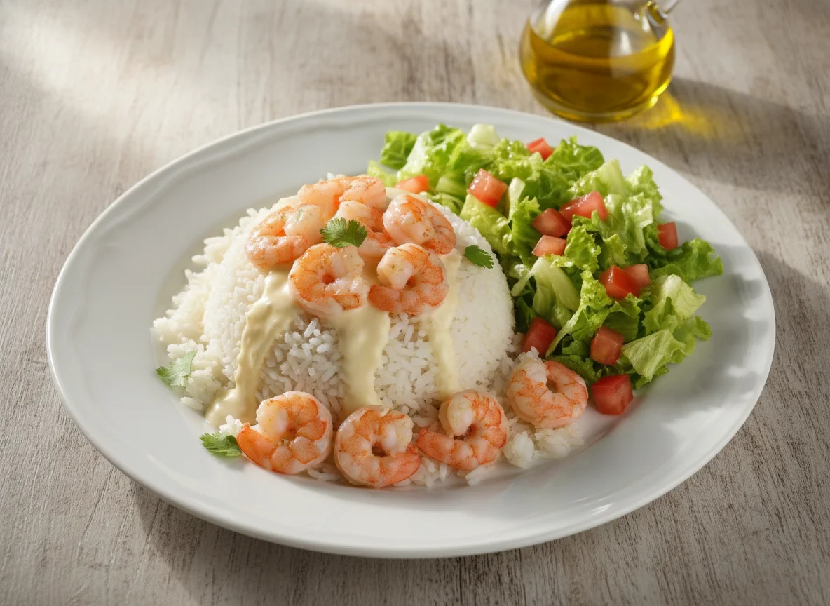 Arroz com camarão e salada photo