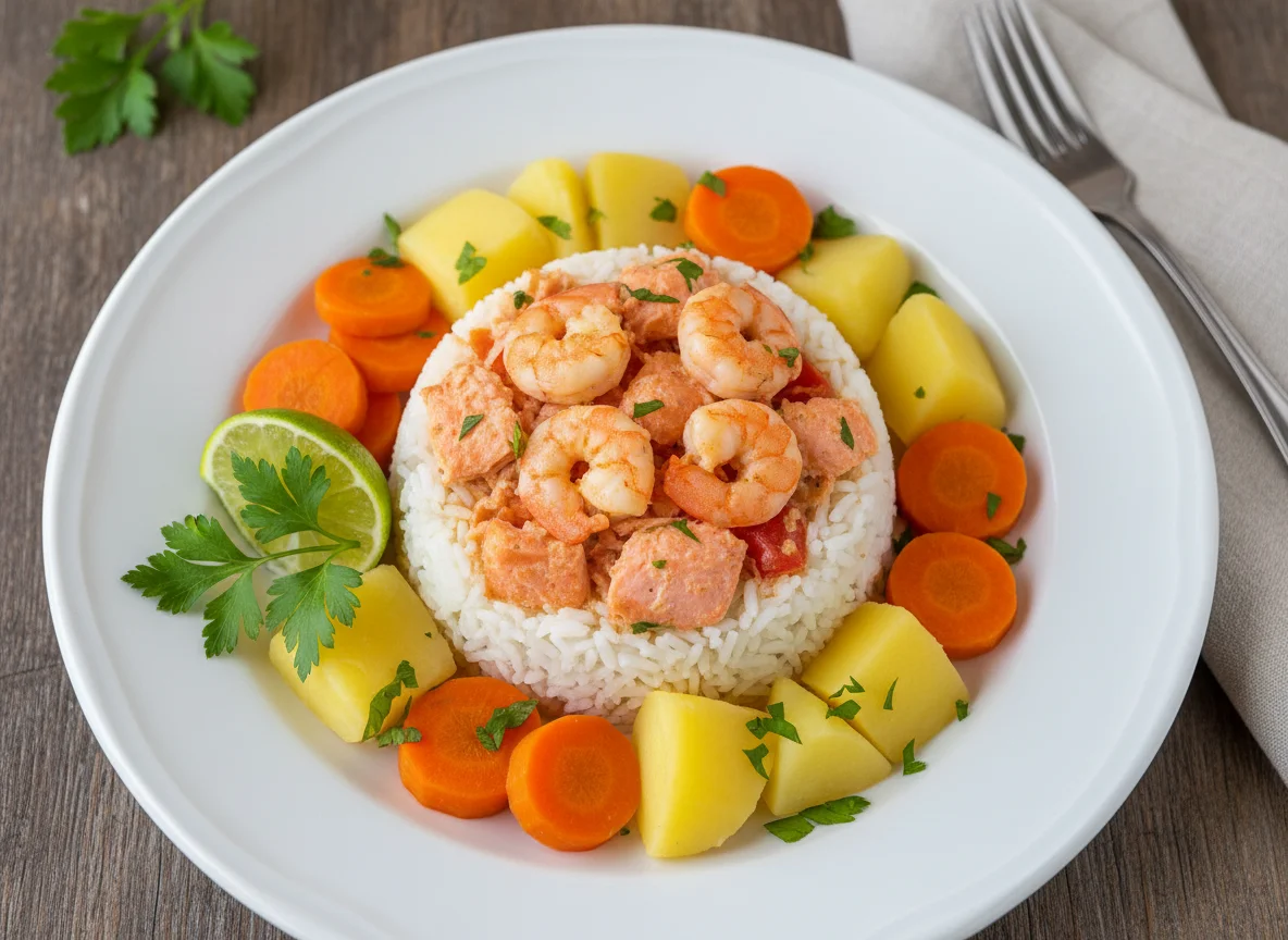 Arroz com Camarão e Salmão, Batata, Cenoura e Banana photo