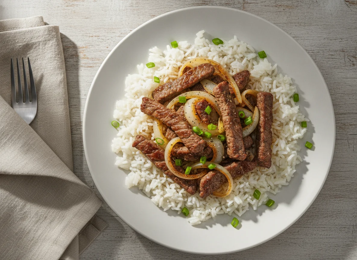 Arroz com carne acebolada photo