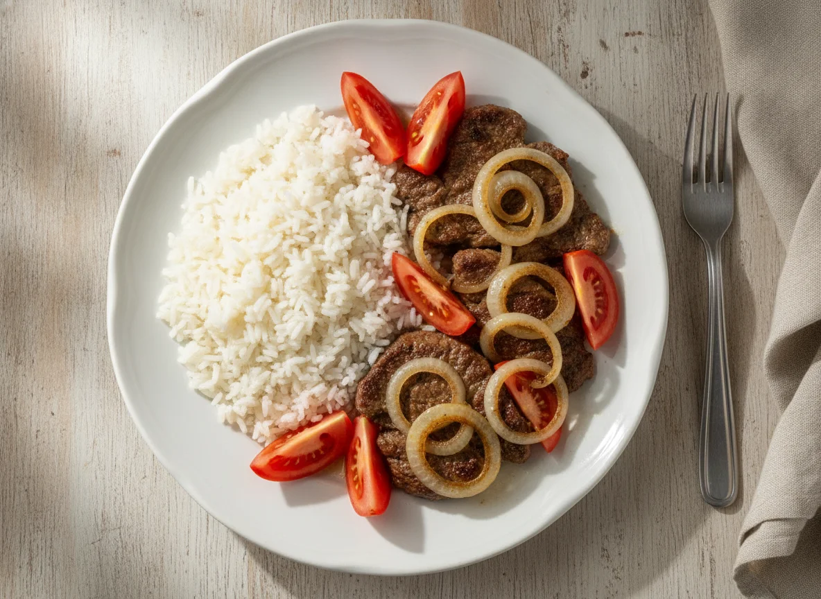 Arroz com carne acebolada e tomate photo