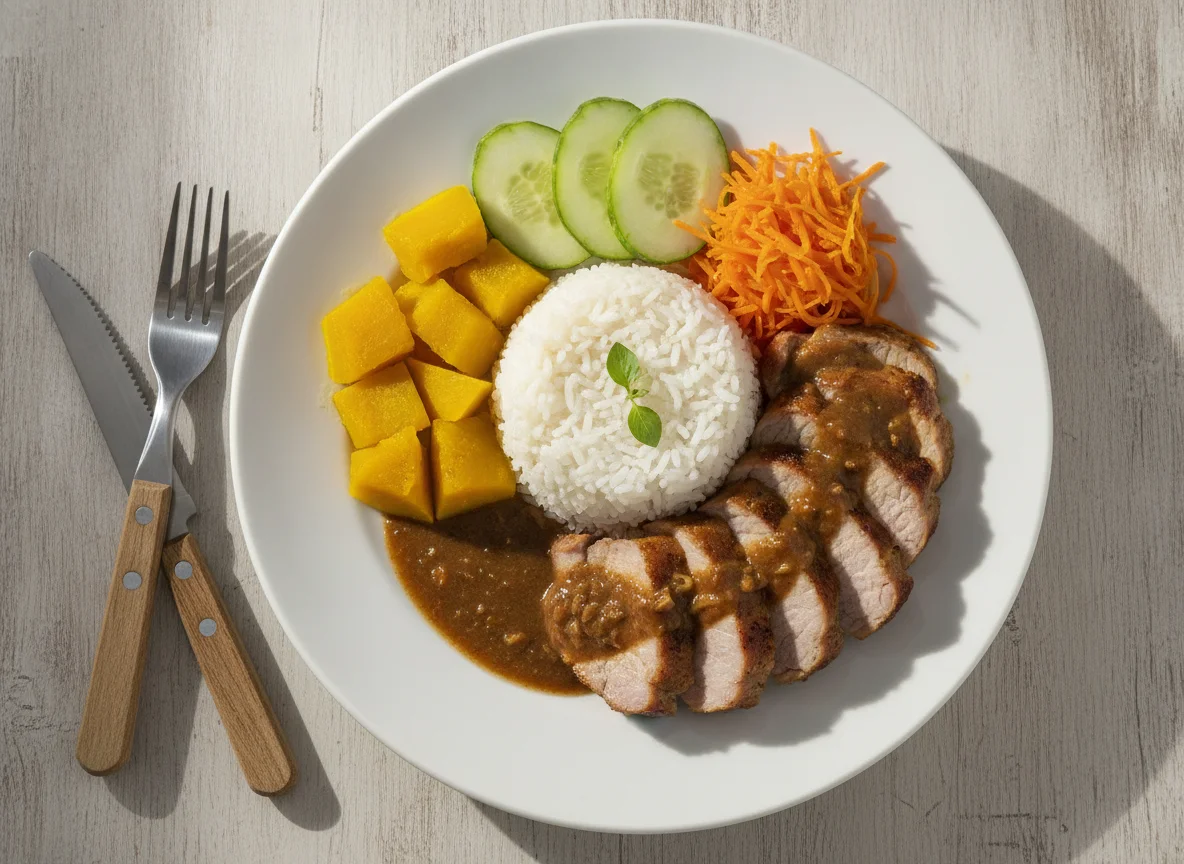 Arroz com carne assada, abóbora e vegetais photo