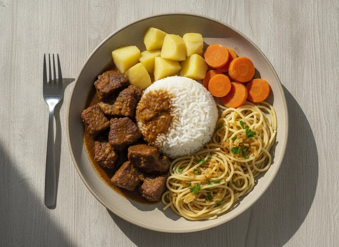 Arroz com carne, batata, cenoura e macarrão alho e óleo photo