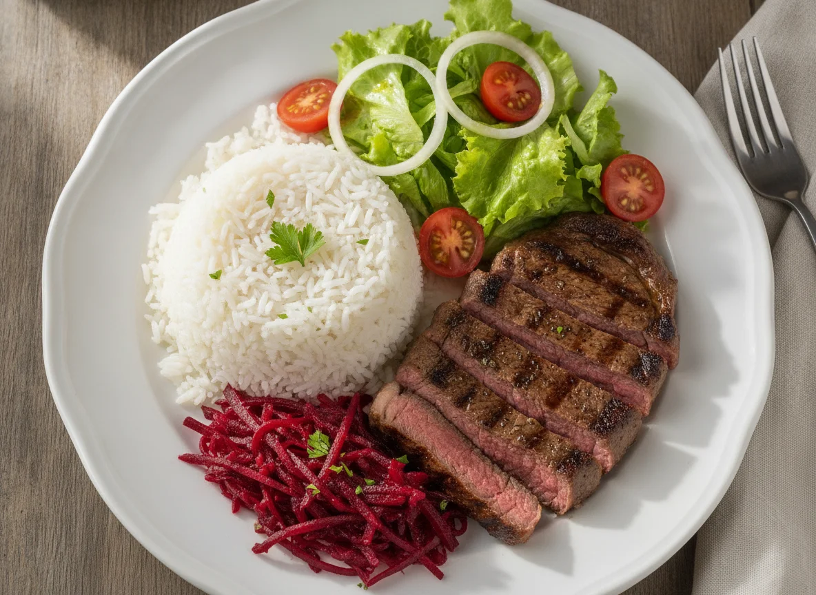 Arroz com Carne, Beterraba e Salada photo