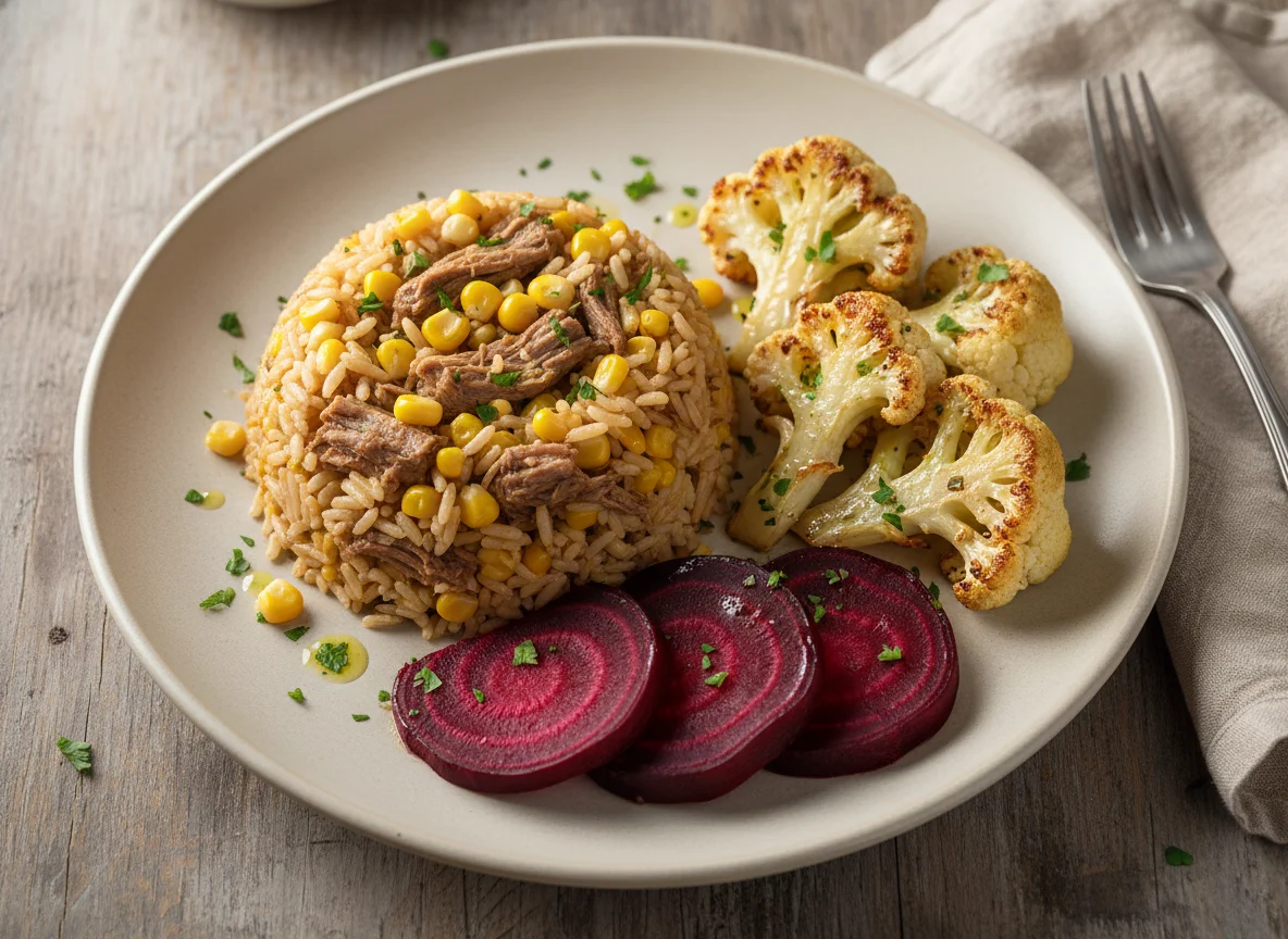 Arroz com carne, couve-flor e beterraba photo