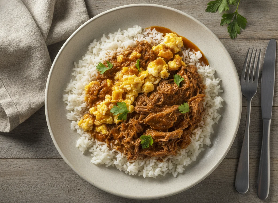 Arroz com Carne Cozida e Ovos Mexidos photo