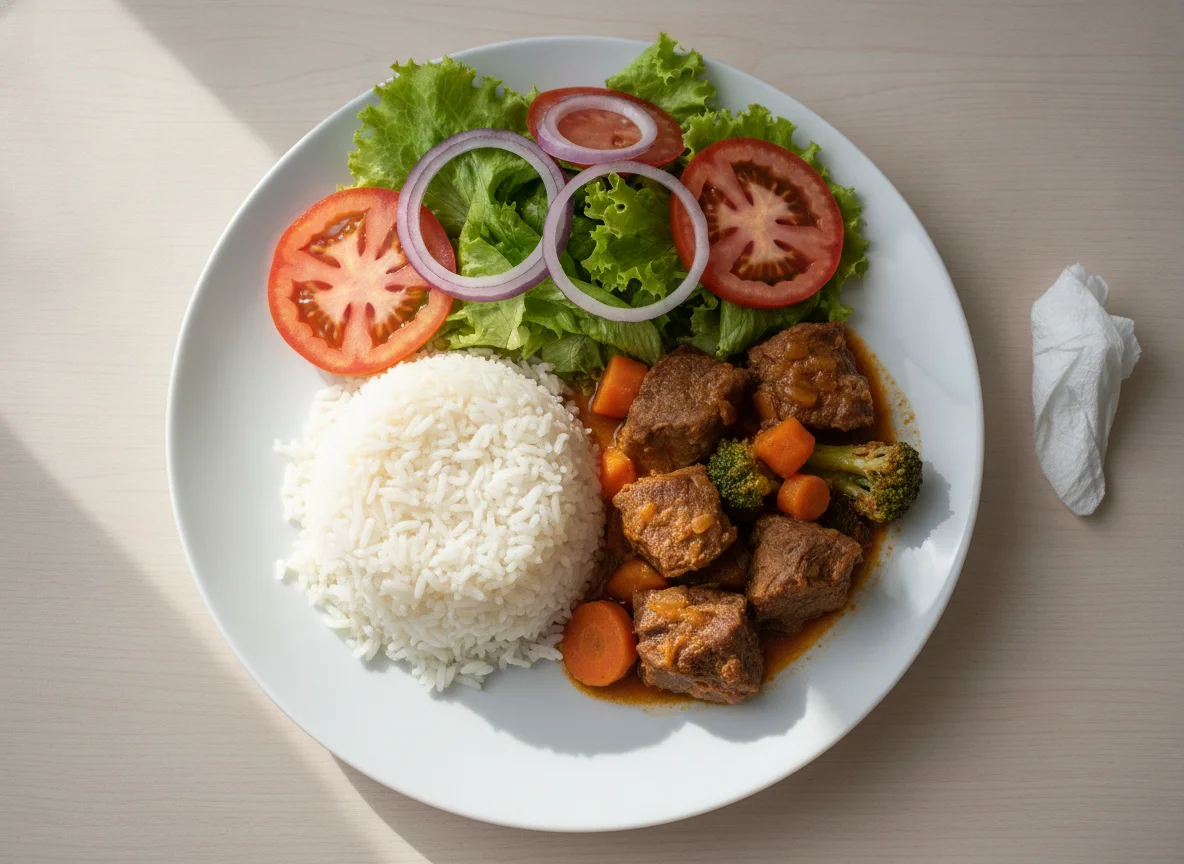 Arroz com carne cozida e salada mista photo