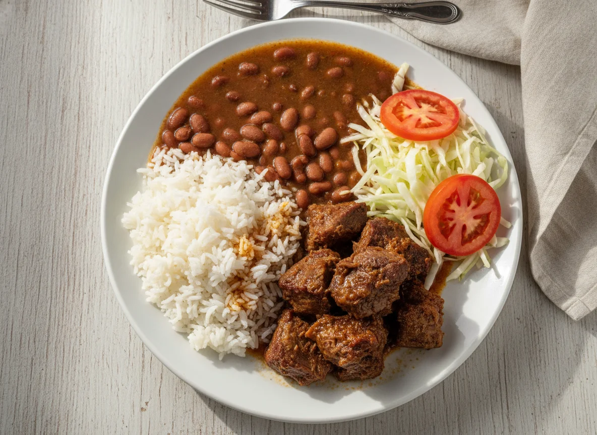 Arroz com Carne Cozida, Feijão e Salada photo