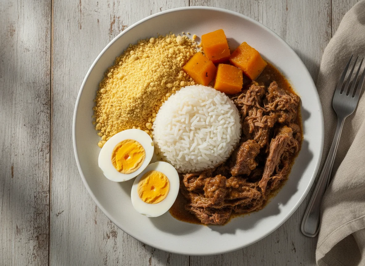 Arroz com carne cozida, ovos e farofa photo