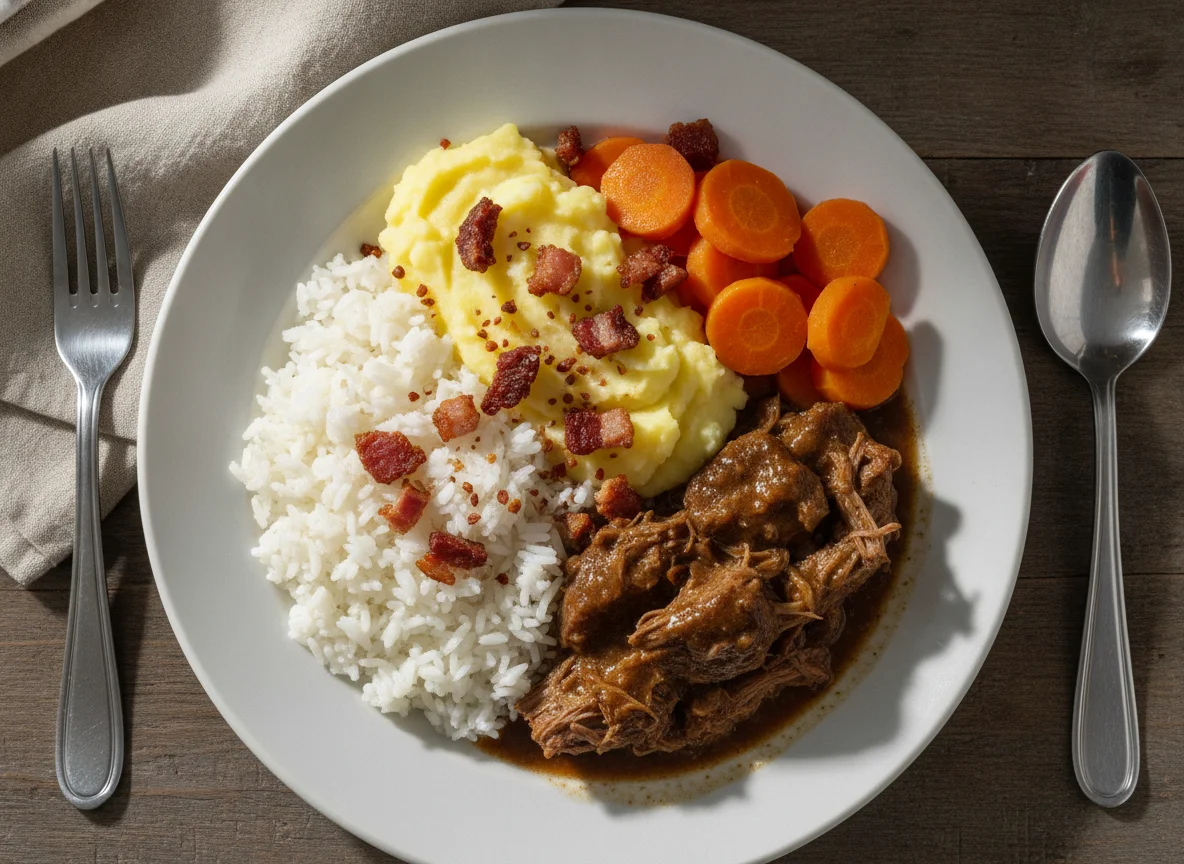 Arroz com carne cozida, purê de batata e cenoura photo