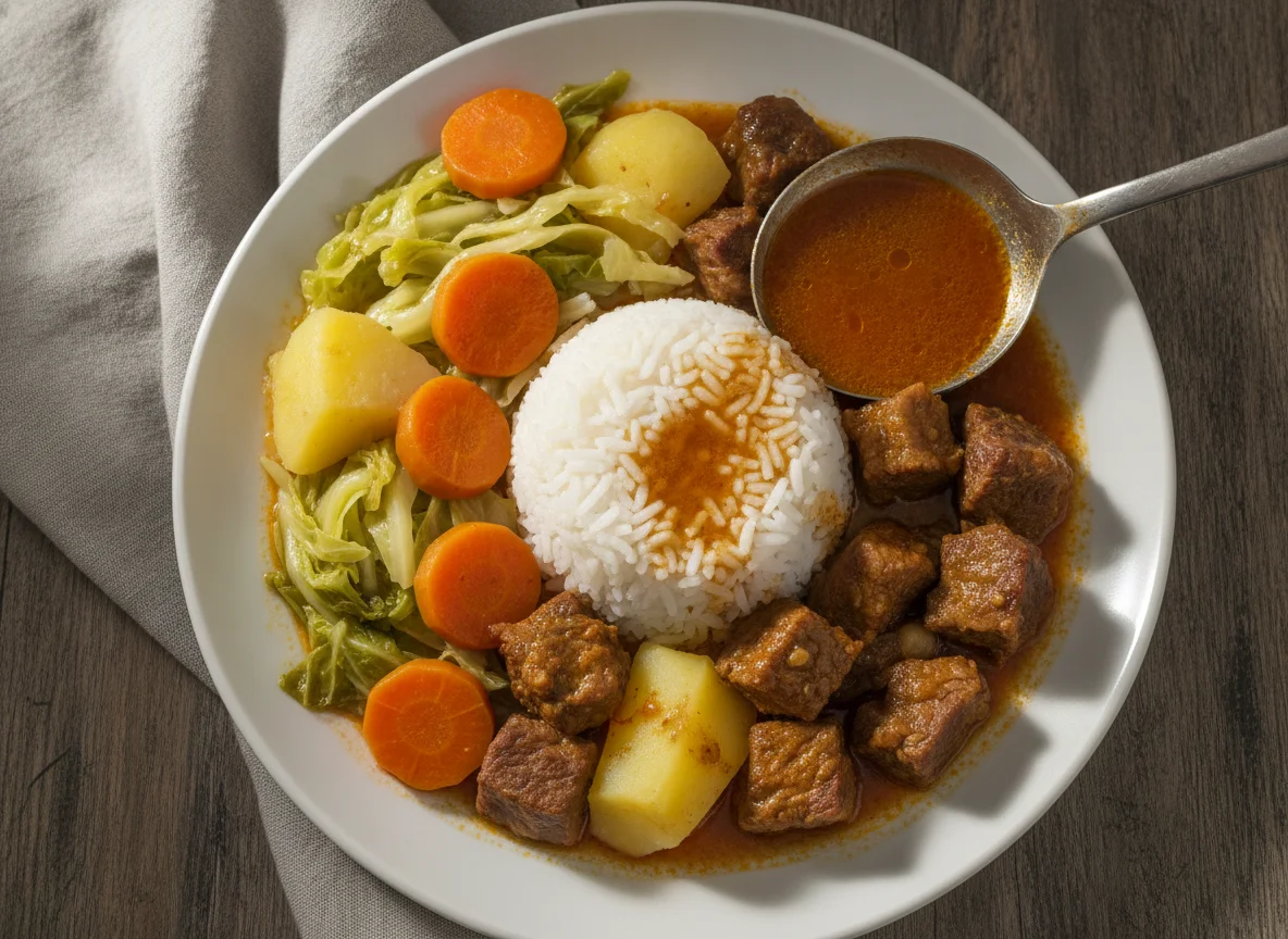 Arroz com carne cozida, repolho e cenoura photo