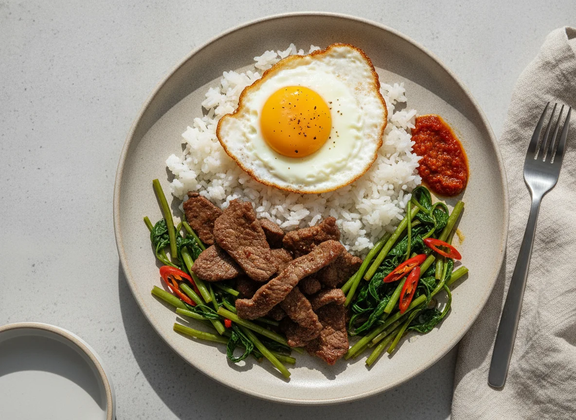 Arroz com Carne de Boi, Ovo Frito e Vegetais photo