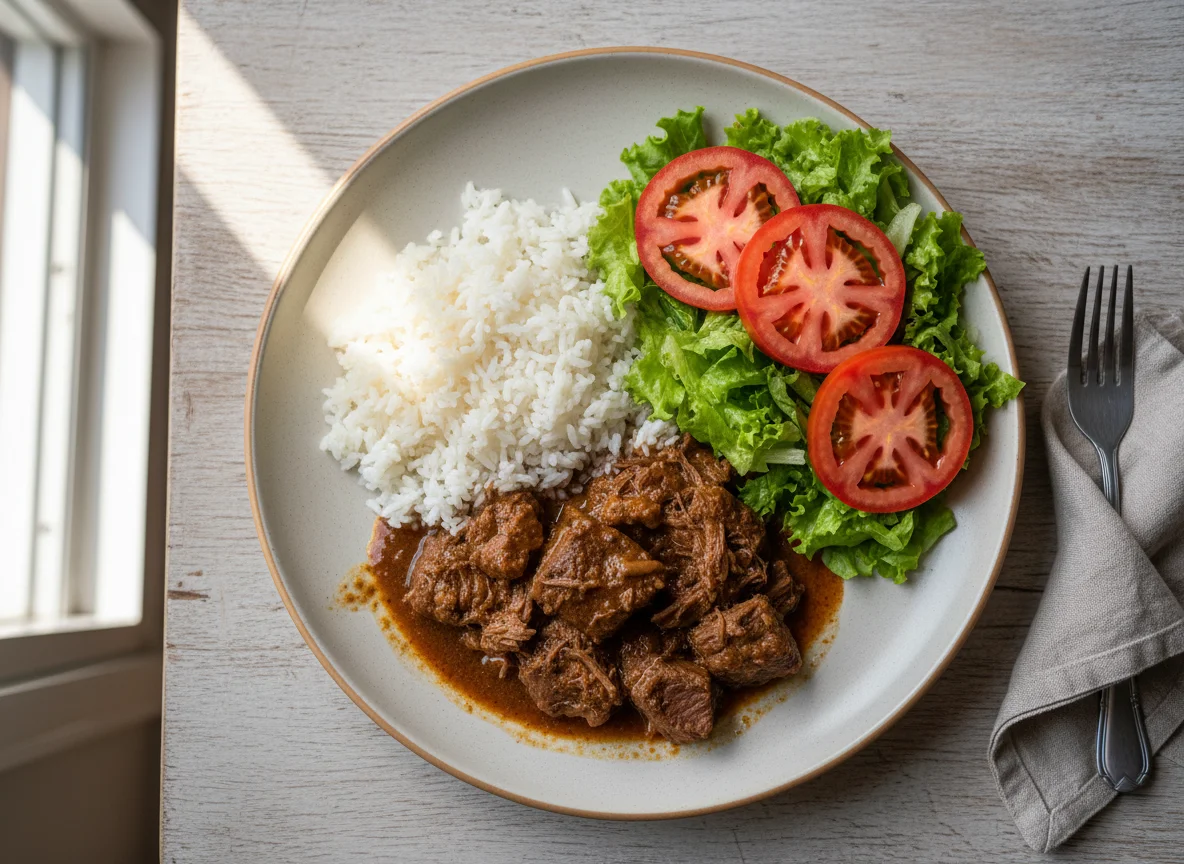 Arroz com Carne de Panela, Alface e Tomate photo
