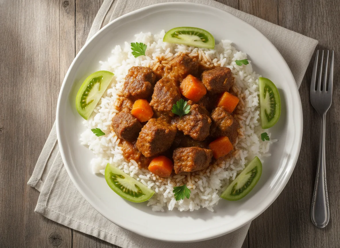 Arroz com Carne de Panela, Cenoura, Tomate e Banana photo