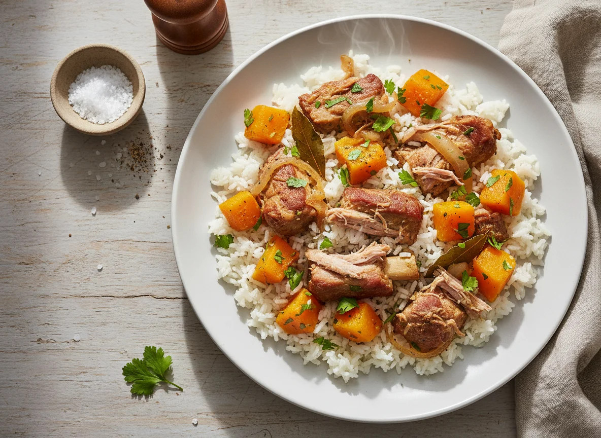 Arroz com carne de porco e abóbora photo