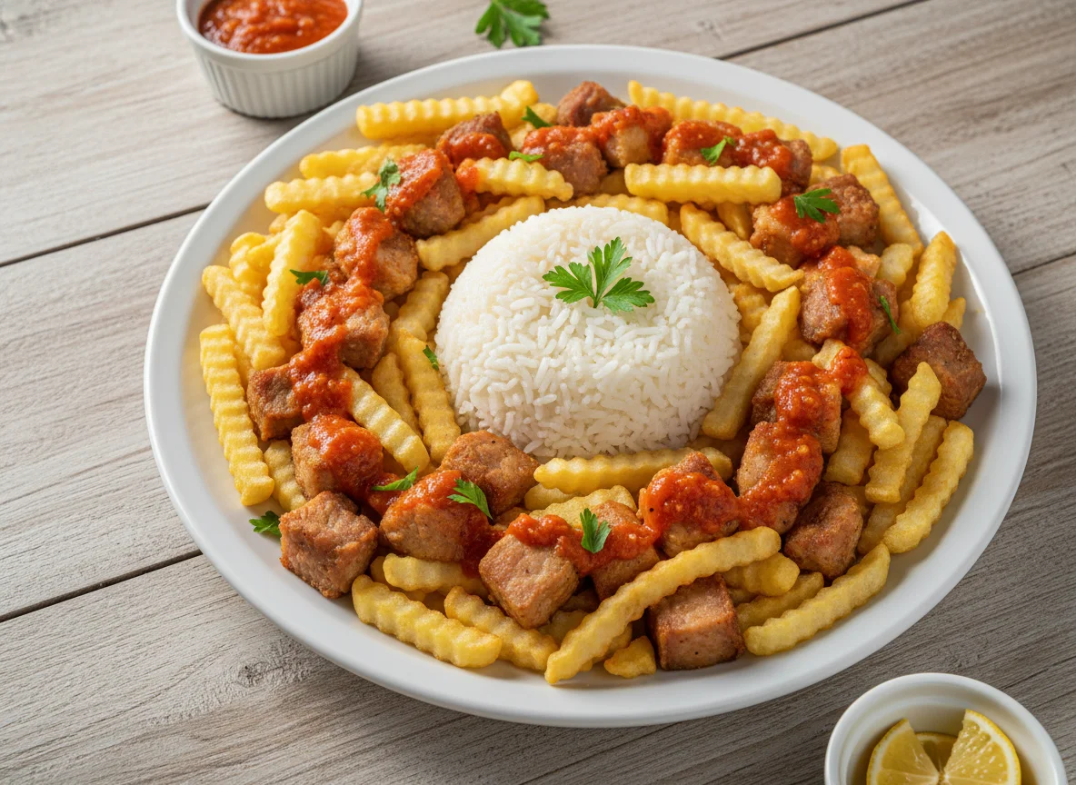 Arroz com carne de porco e batata frita photo