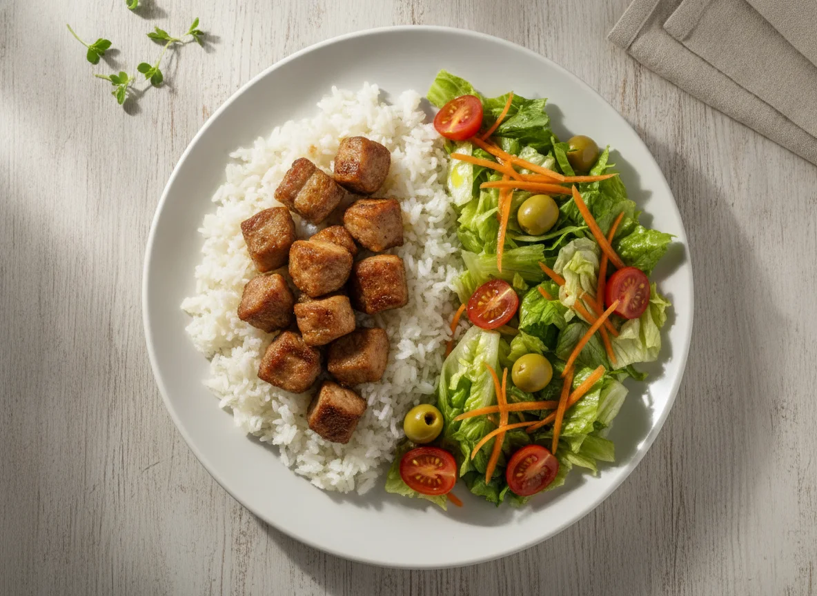 Arroz com carne de porco e salada mista photo