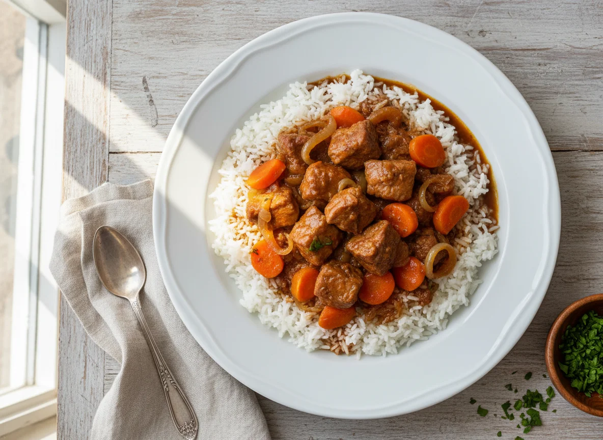 Arroz com carne de porco estufada e vegetais photo
