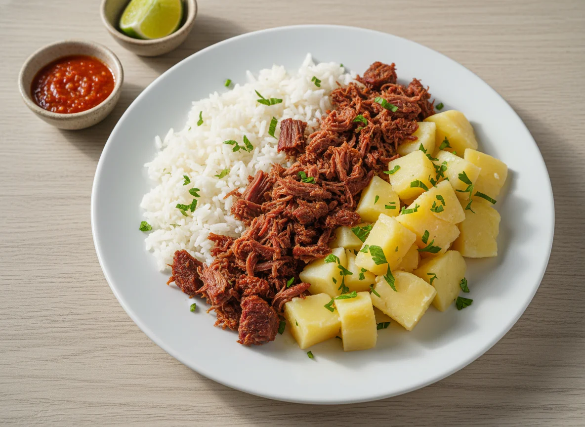Arroz com carne desfiada e batata photo