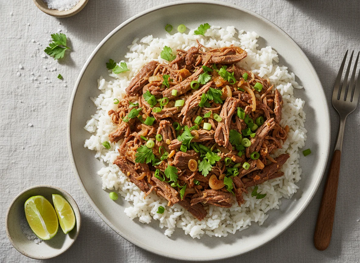 Arroz com carne desfiada e cheiro-verde photo
