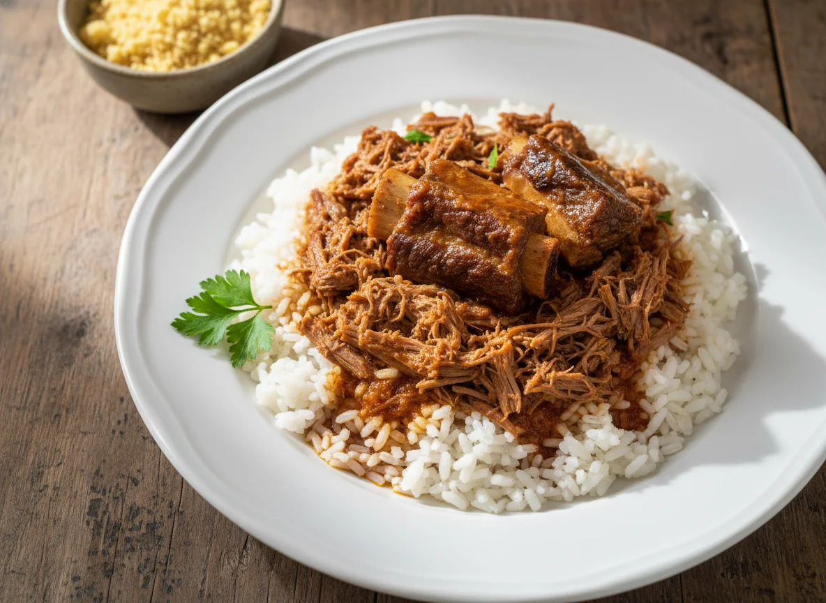 Arroz com carne desfiada e costela photo