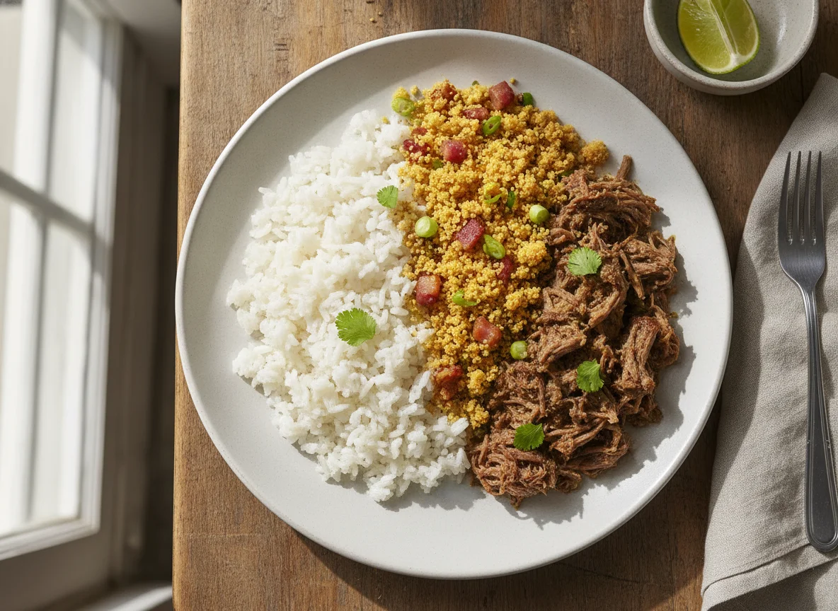 Arroz com Carne Desfiada e Farofa photo