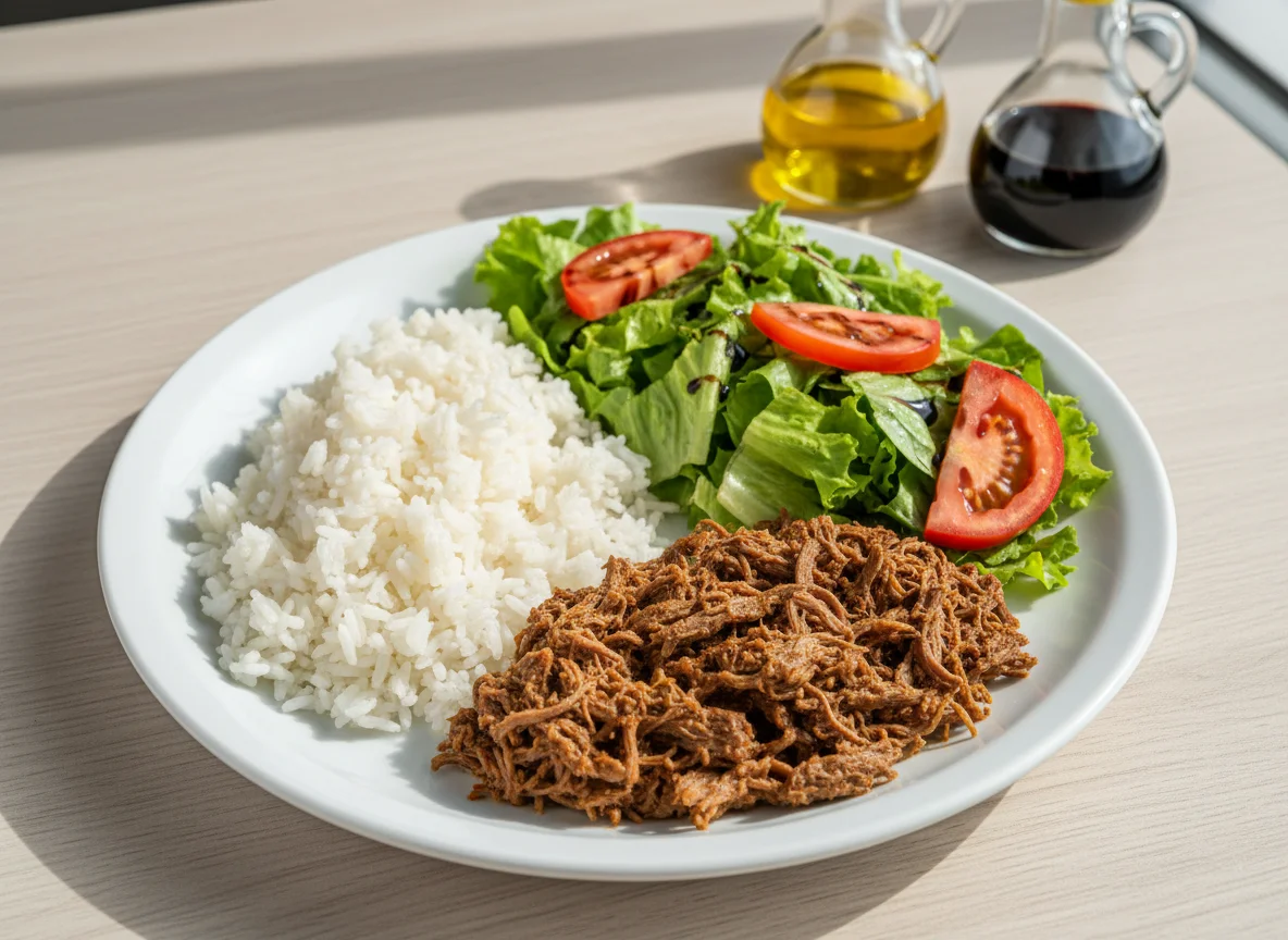 Arroz com carne desfiada e salada photo